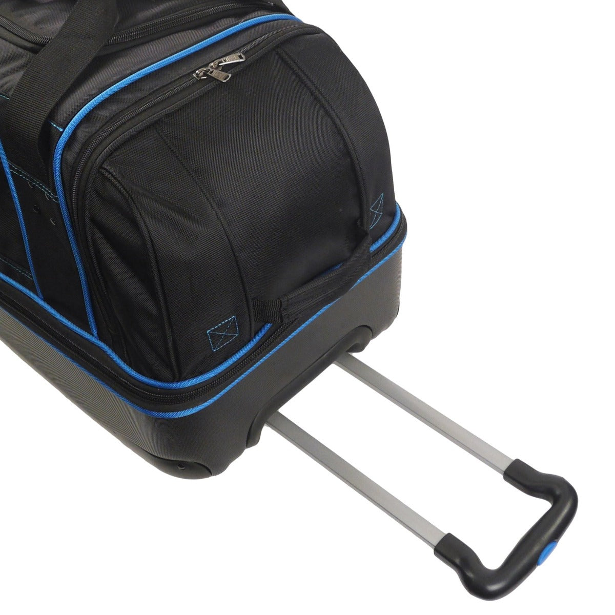 Ful Workhorse 30 inch extra large split level wheeled rolling duffle bag in black and blue detail
