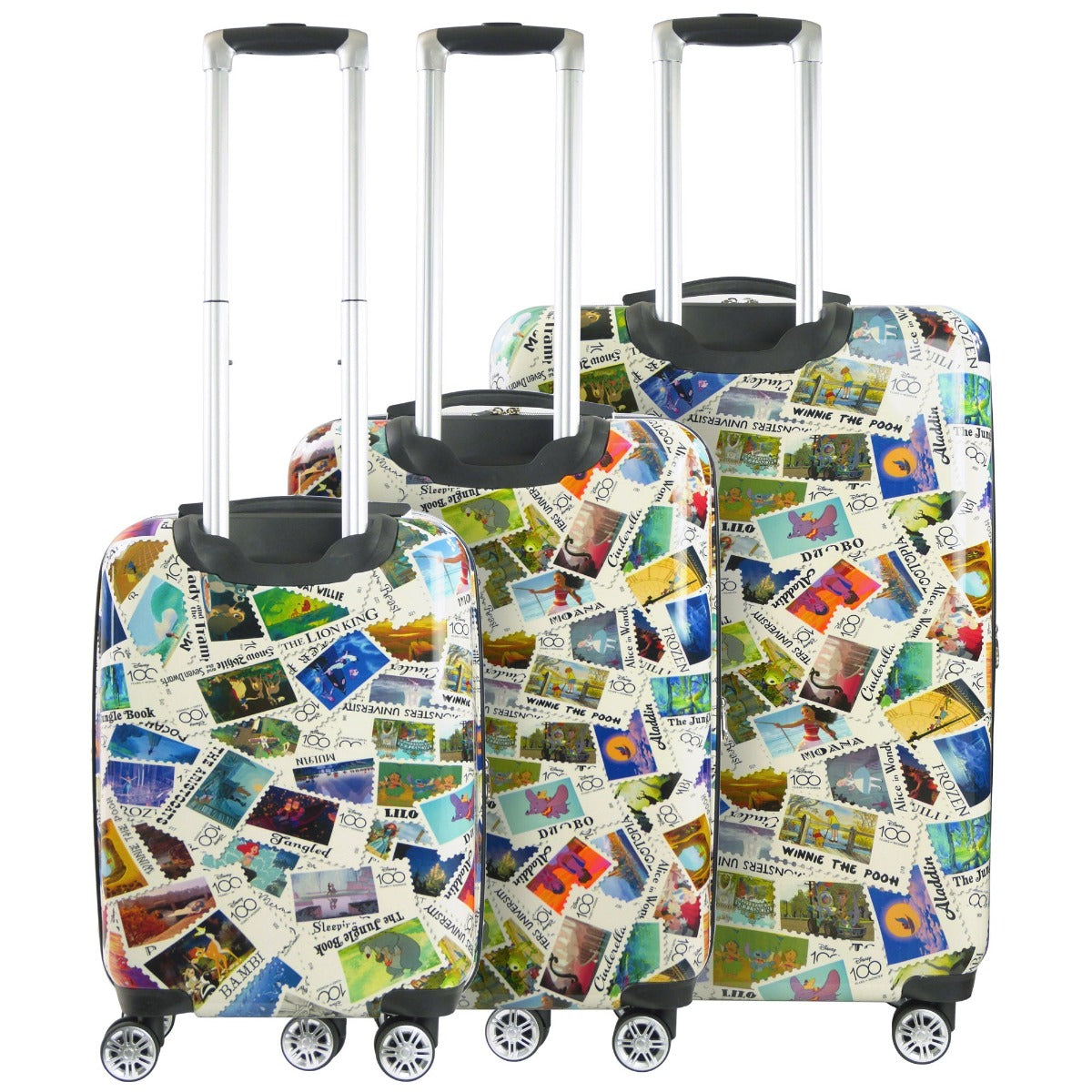 Ful Disney 100 Year Anniversary Limited Edition Stamps ABS 3 piece Hardsided Spinner Suitcase Set carry on checked luggage 360 degree wheels retractable handle