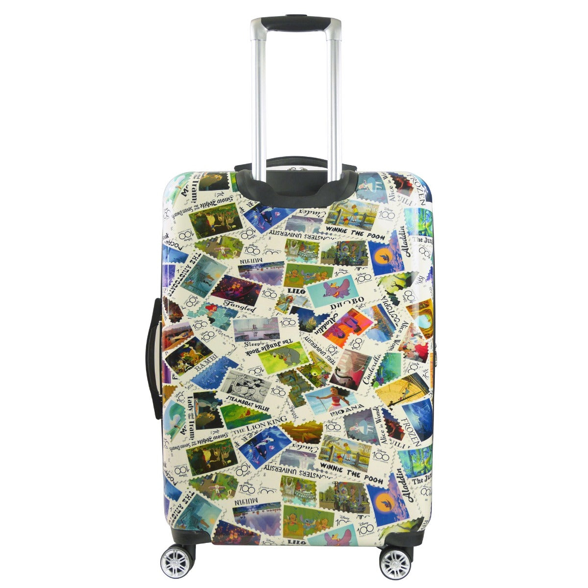 Ful Disney 100 Year Anniversary Stamps Hardsided Spinner Suitcase 30 inch Checked Luggage Retractable Handle 360 degree wheels Interior Limited Edition