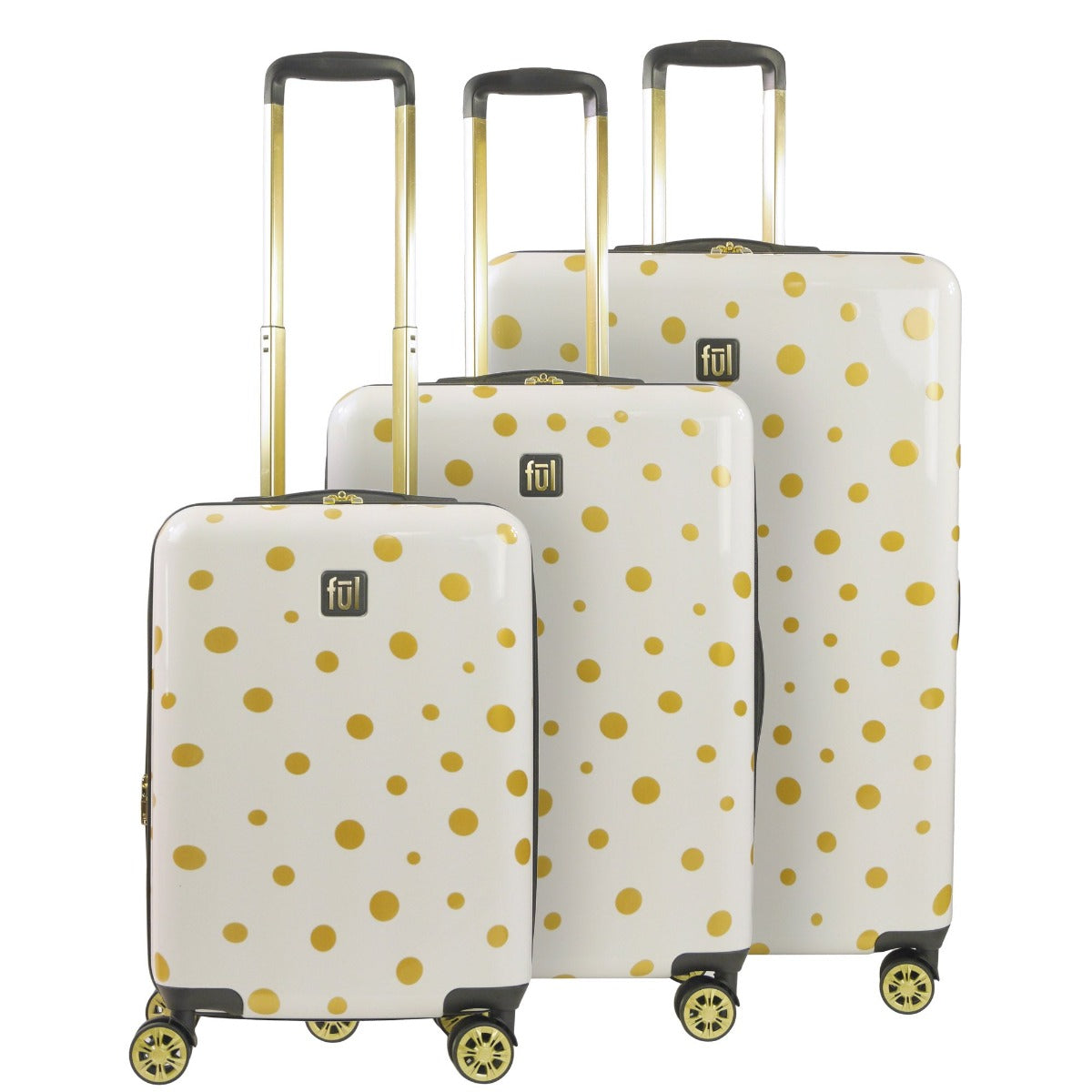 Ful Impulse Mixed Dots Hardsided Spinners suitcase 3 piece luggage set white gold detail polka dots 22 inch 26 inch 31 inch