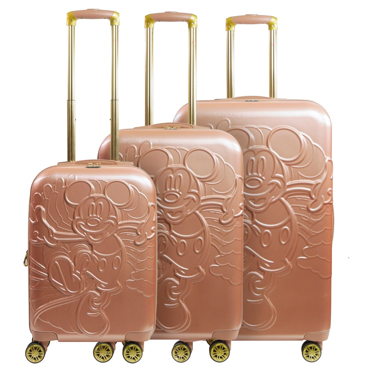 Disney Running Mickey Mouse 3 piece Luggage Hardsided Spinner Suitcase Set Rose Gold 22" 26" 30.5" compression straps interior pockets