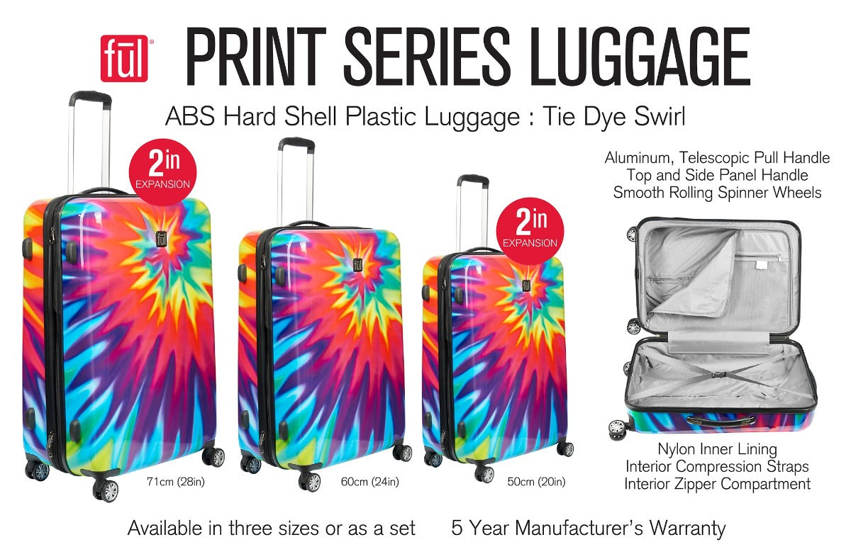 Tie-dye Bright Rainbow Swirl FŪL 3 piece spinner rolling Luggage Set Dimensions Interior Height Width